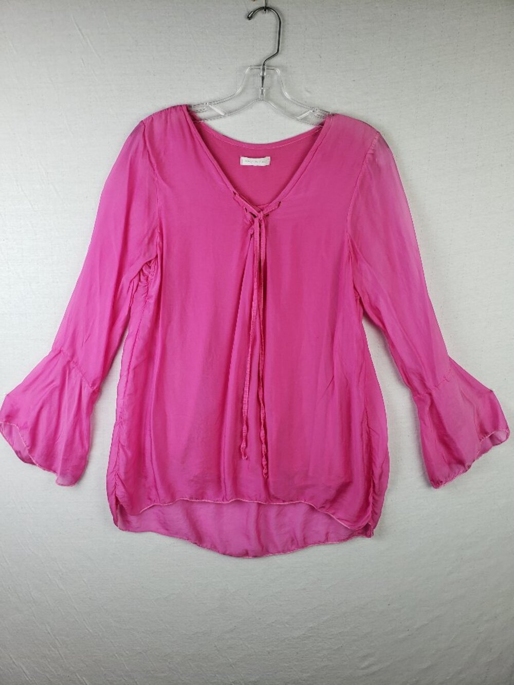 Made in Italy Silk Blouse Top Tunic Pink Lace-Up Flared Sleeves size S/M